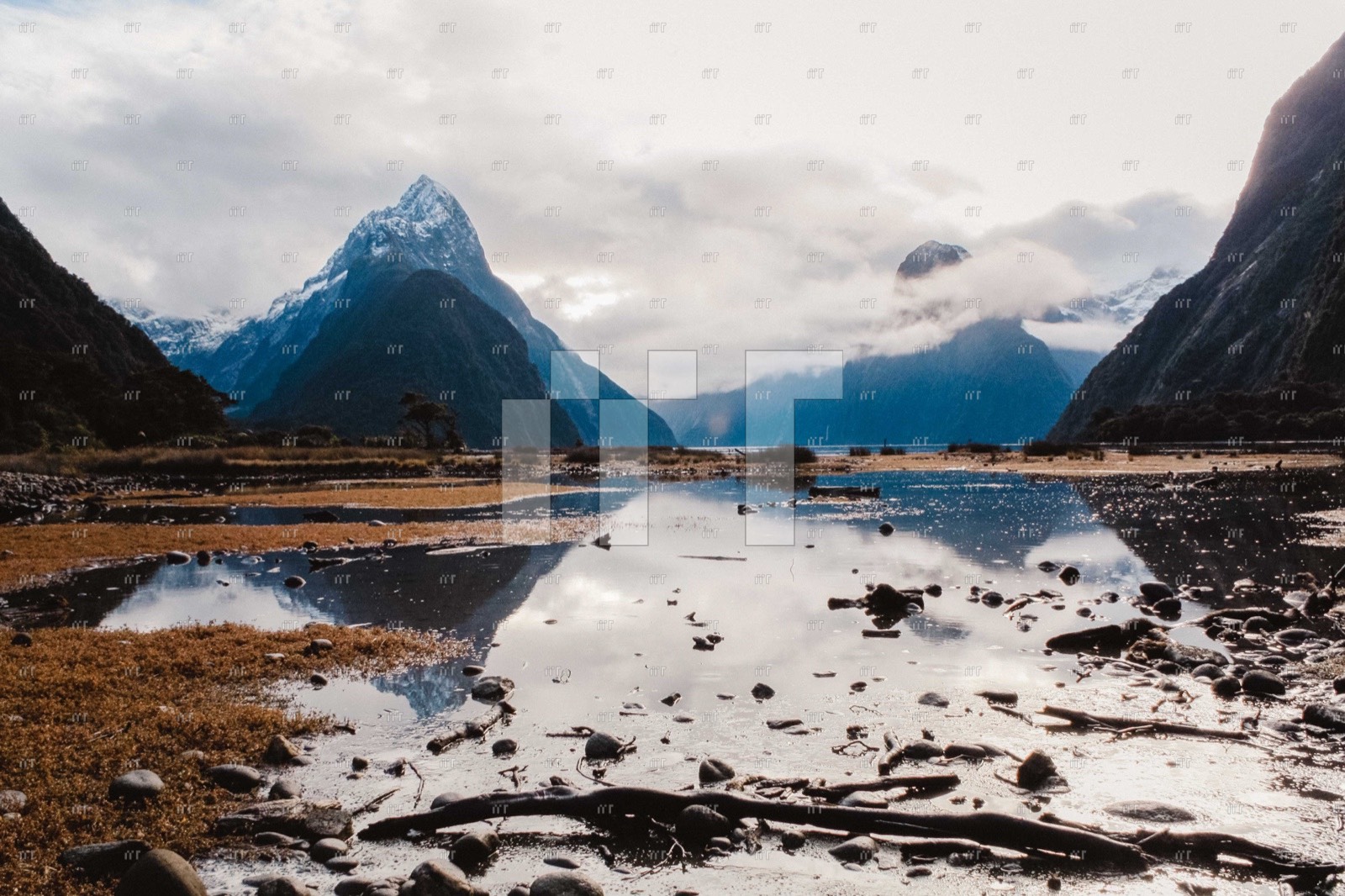 Snow-capped peaks at Milford Sound reflected in still water