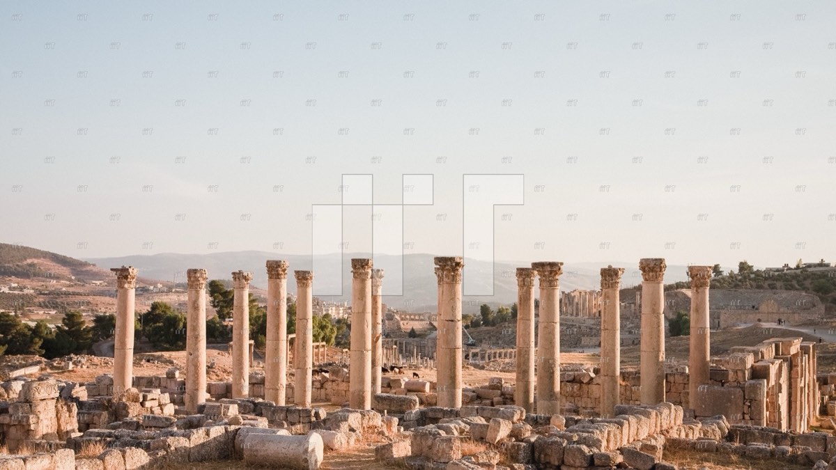 Rows of ancient stone columns in soft afternoon light