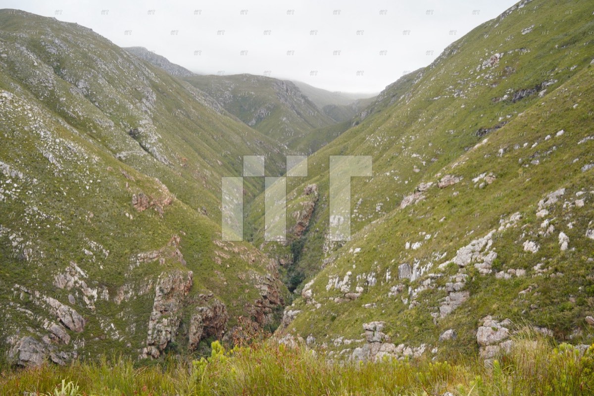 A steep green mountain valley under a soft sky